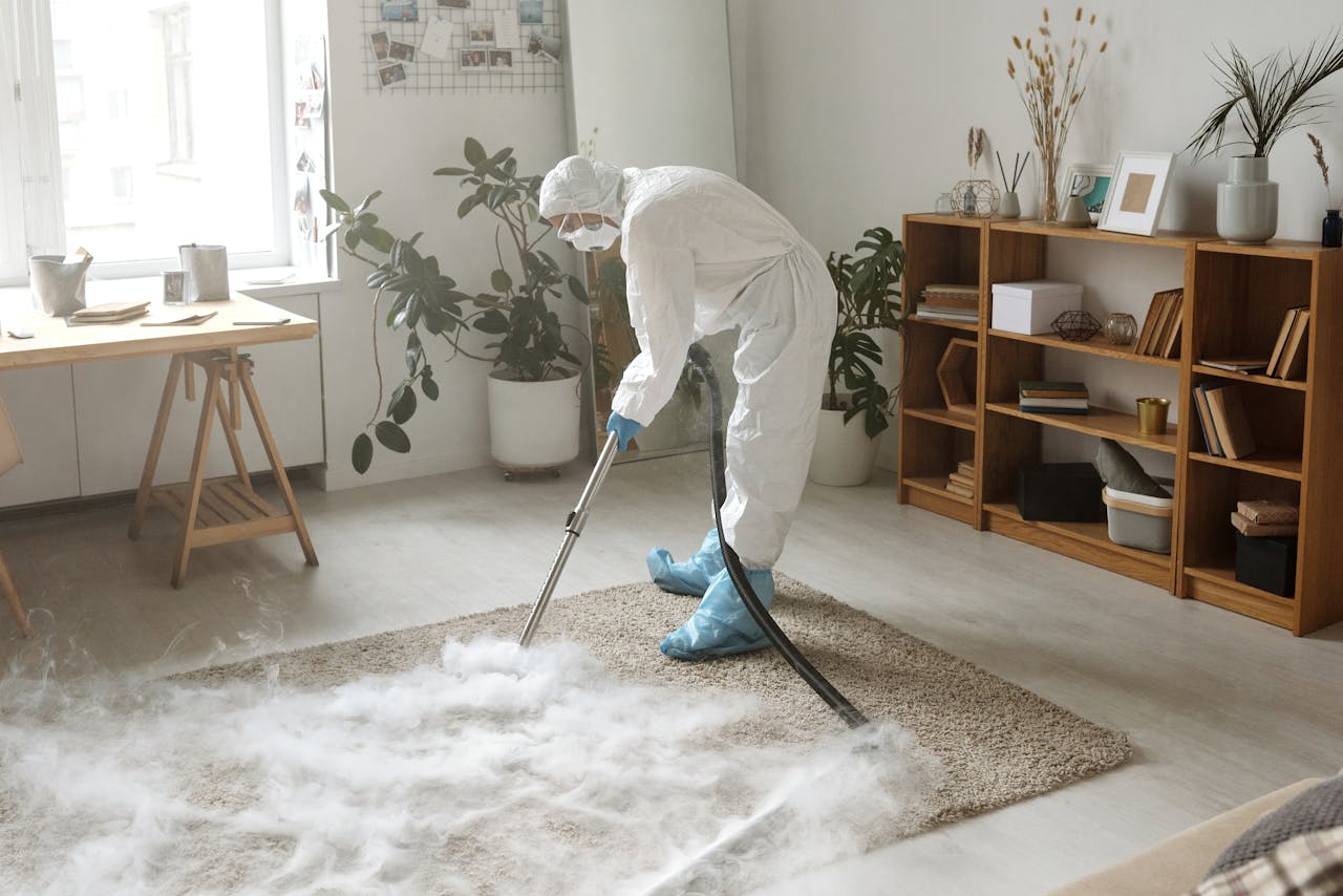 gallery-6 A woman in protective gear disinfects a carpet indoors to ensure safety during the COVID-19 pandemic.